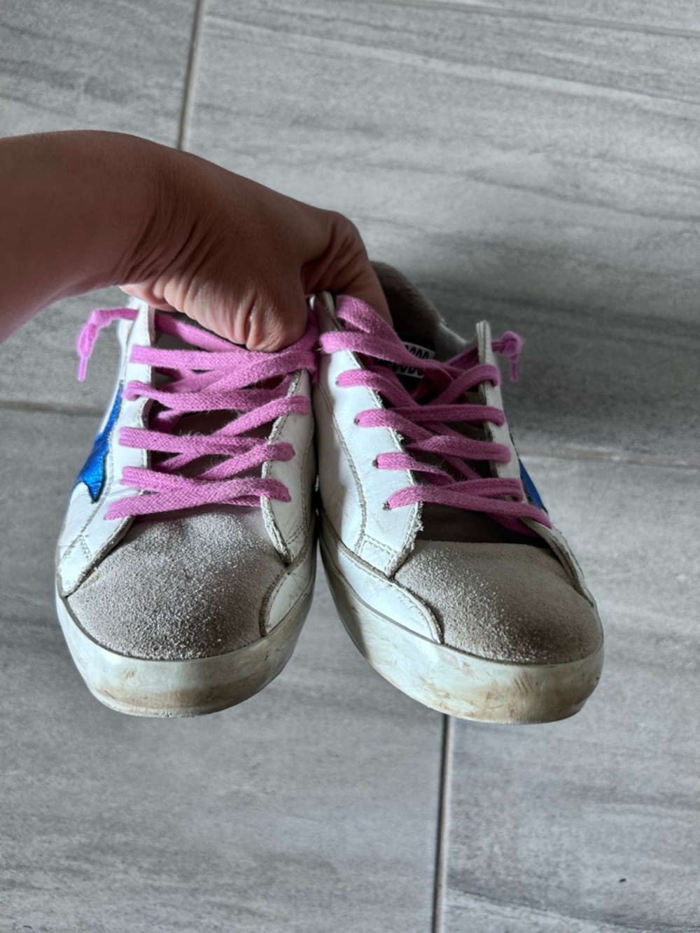 Golden Goose Superstar Sneakers Blue Star Glitter Heel White Leather Size 39 - Picture 3 of 16